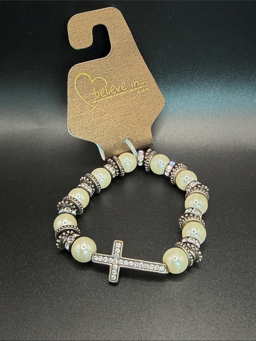 Pearl and Crystal Cross Stretch Bracelet - Ivory